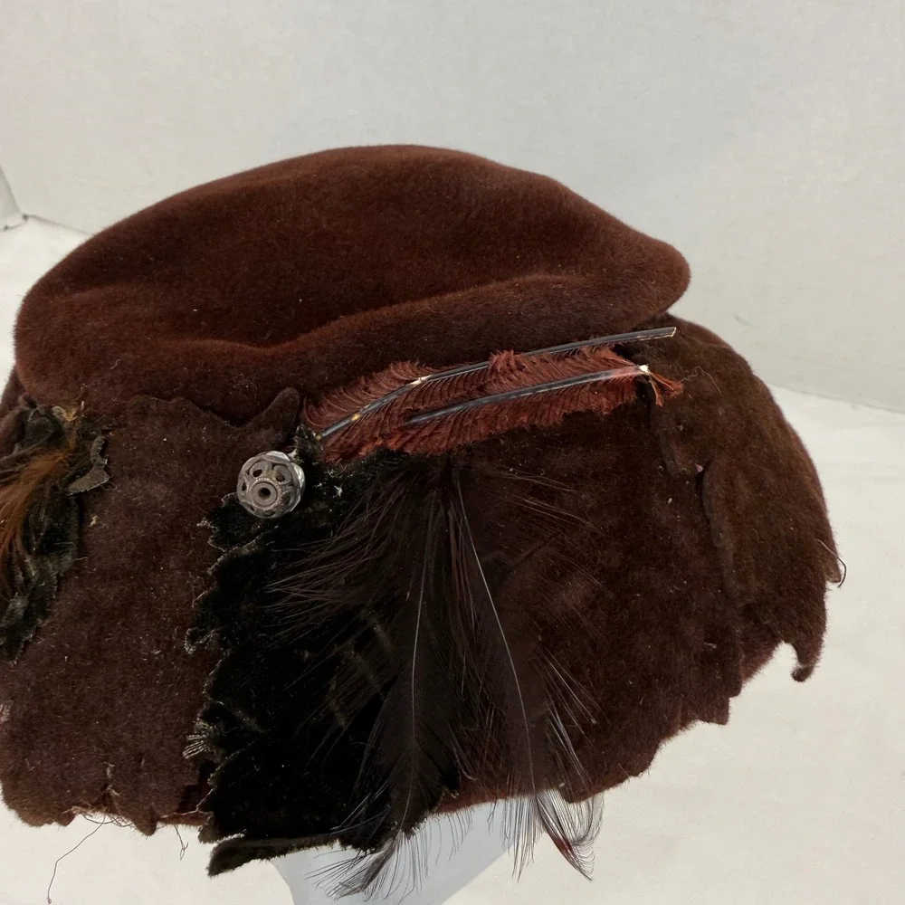 Vintage Henry G. Ross Original Brown Velour Feather Beret Hat Medium NY Paris